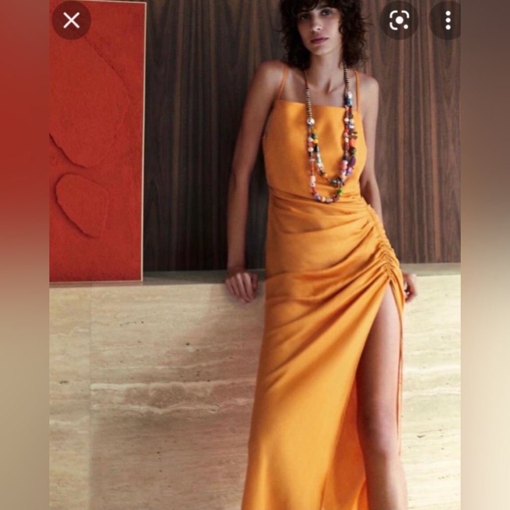 Zara orange midi long dress high slit ruched adjustable ties maxi gown blogger S